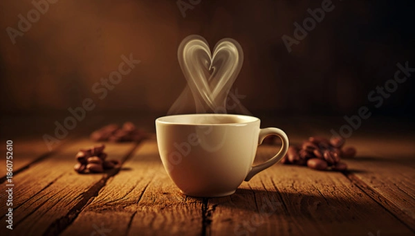 Obraz ほっと一息のコーヒータイム ハートの湯気と木の質感が優しい雰囲気.生成AI