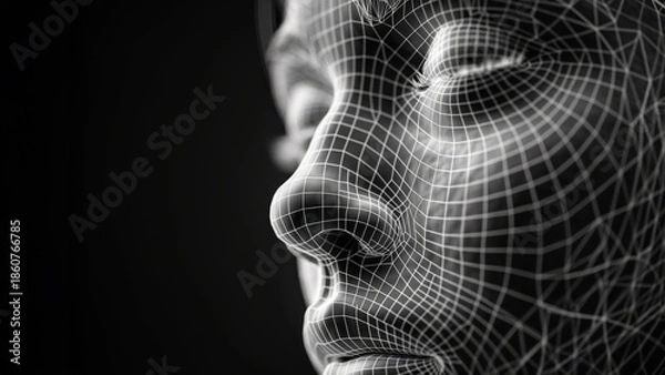 Obraz Wireframe human face profile on black background. Technology identity concept.