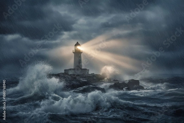 Obraz 荒れ狂う嵐の夜に希望の光を放つ孤高の灯台