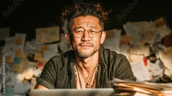 Obraz Creative Professional in Cozy Workspace Surrounded by Papers