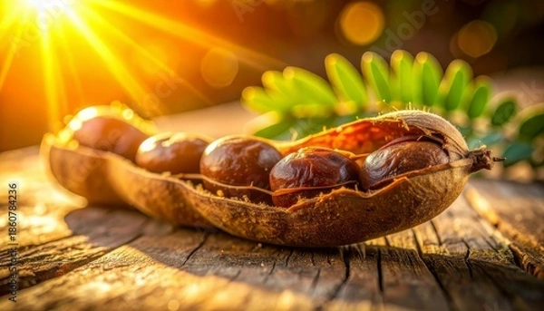 Fototapeta Close-up View of Tamarind Pod and Fruit on Wood, Generative AI