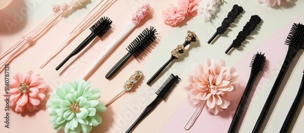 Obraz Assorted hair styling tools on pastel background