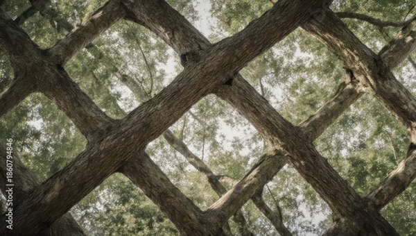 Obraz Perspective shot looking upward through interwoven tree branches forming a diamond pattern