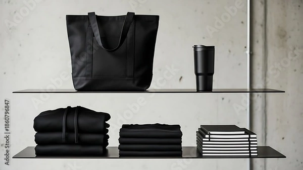 Fototapeta Minimalist Black Accessories and Apparel Displayed on Shelves.