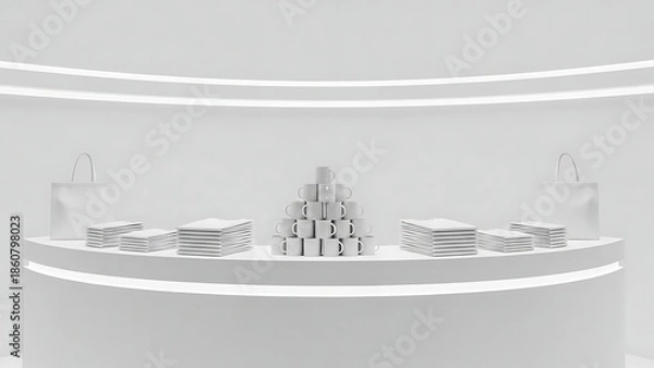 Fototapeta Minimalist White Buffet Table Setup with Stacked Plates and Decorative Elements.