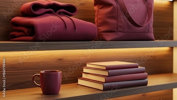 Fototapeta Cozy Shelf Display with Books, Mug, and Apparel.