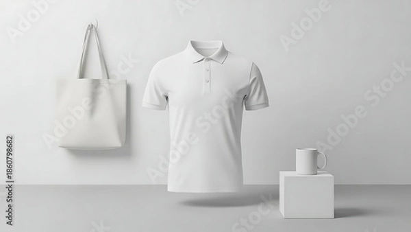 Fototapeta Clean White Polo Shirt Tote Bag and Perfume Bottle Mockup.