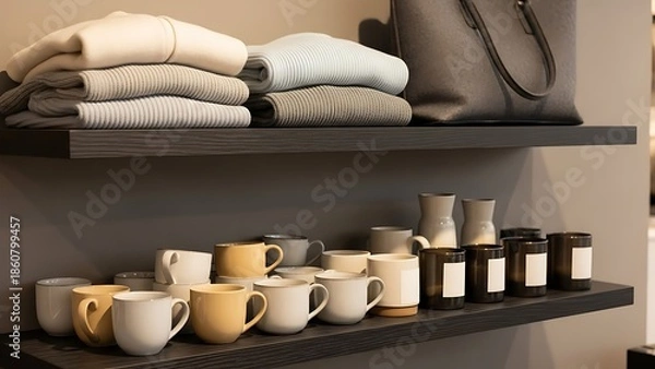 Fototapeta Cozy Home Decor Display Featuring Folded Sweaters Mugs and Jars on Shelves.
