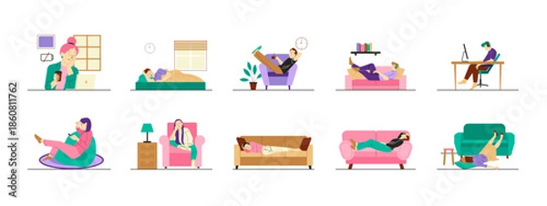 Fototapeta Laziness illustrations set. Flat vector illustrations.