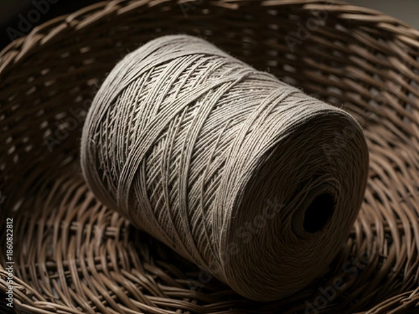 Obraz Natural thread spool in woven basket rustic texture close up