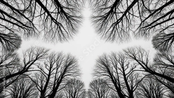 Fototapeta Black and white image looking up through bare tree branches toward a bright sky
