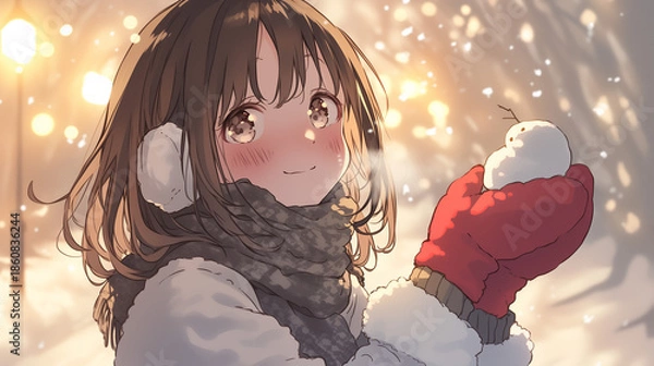 Obraz 雪の日に小さな雪だるまを見つめる耳あて姿のアニメ美少女

