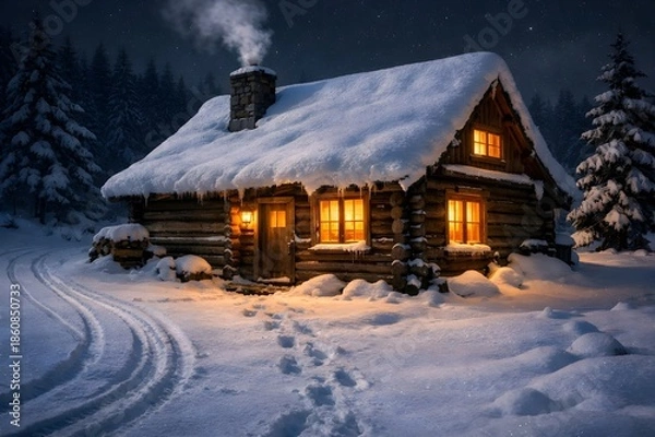 Obraz Christmas Cabin Night Wallpaper