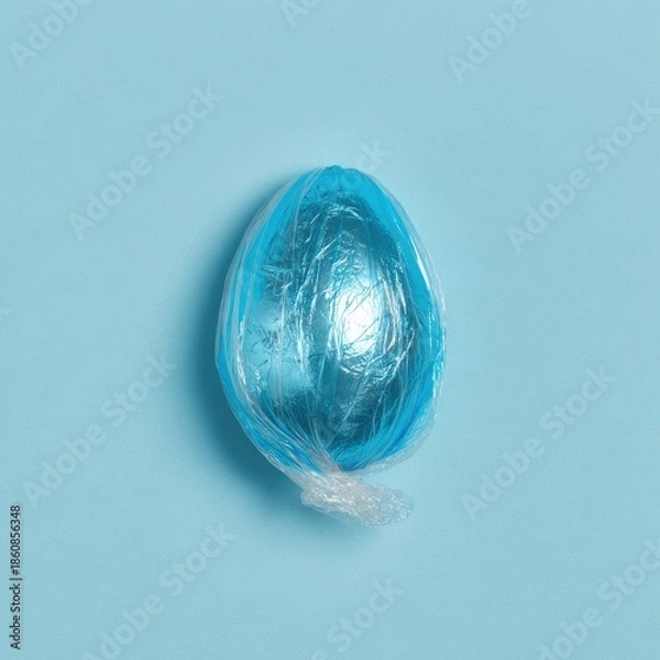 Obraz Easter egg wrapped in blue plastic on solid light blue background, aerial view