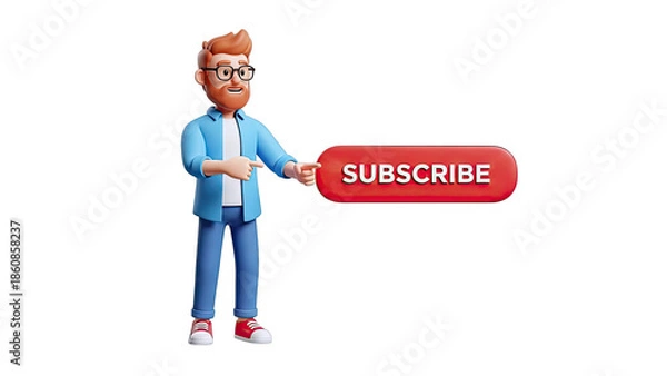 Obraz Cartoon man pointing at a red subscribe button