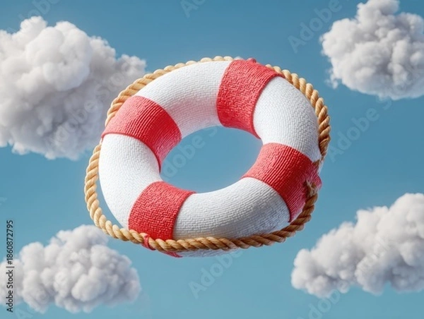 Obraz Lifesaver float ring against a light blue sky with fluffy white clouds