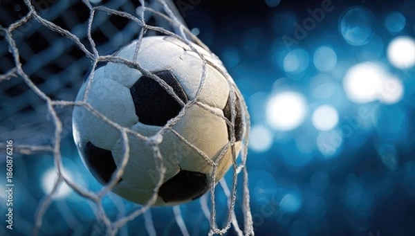 Obraz Soccer ball in net with bright bokeh background