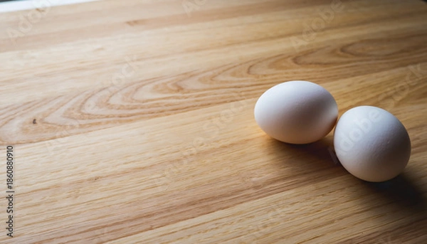 Fototapeta 木目テーブルに置かれた2個の白い卵