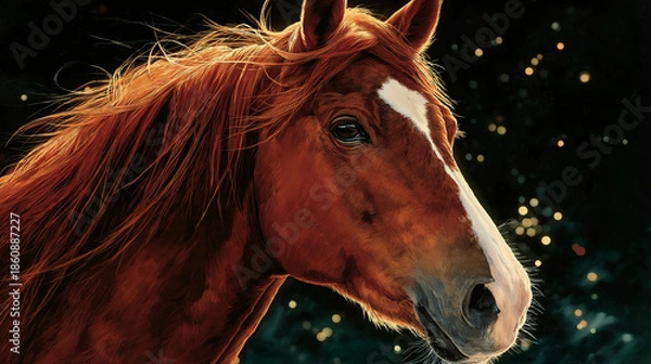 Fototapeta Majestic Chestnut Horse Portrait: Captivating close-up of a stunning chestnut horse, its flowing mane and expressive eyes radiate elegance and power, set against a dark, dramatic backdrop.