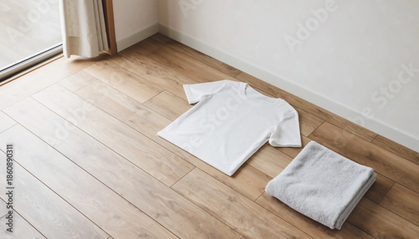Fototapeta 木目の床に置かれた白いTシャツとタオル