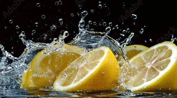 Obraz Fresh lemon halves in water splashing