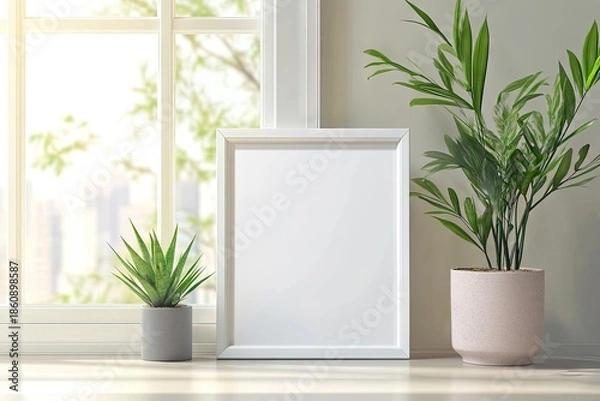 Obraz Empty white frame, plants, window