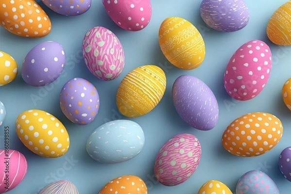 Obraz Colorful Easter eggs scattered on a blue background with various patterns