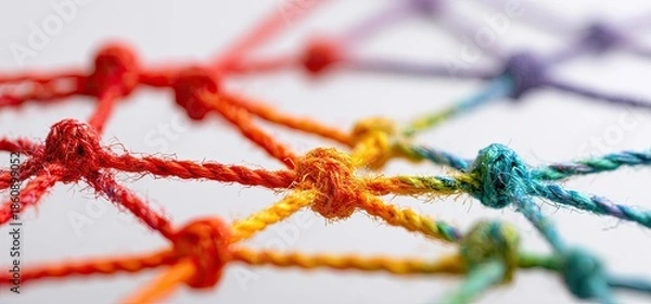 Obraz Macro shot colorful knotted threads create a network, white backdrop