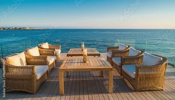 Obraz Outdoor Seating Area Overlooking Turquoise Ocean Waters.