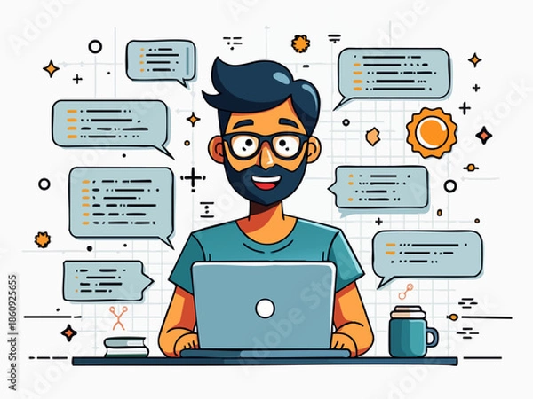 Obraz Modern Doodle of a Coding Programmer with Binary Code and Circuit Patterns