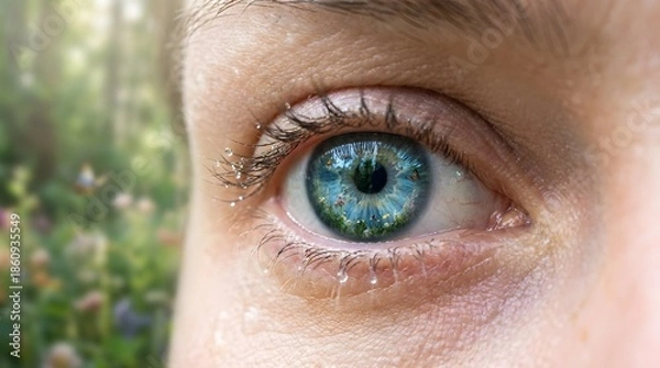Fototapeta Macro shot of a brilliant blue eye with a reflection of a vibrant forest. Glitter adorns the eyelashes, and the background shows a softly blurred meadow with flowers.