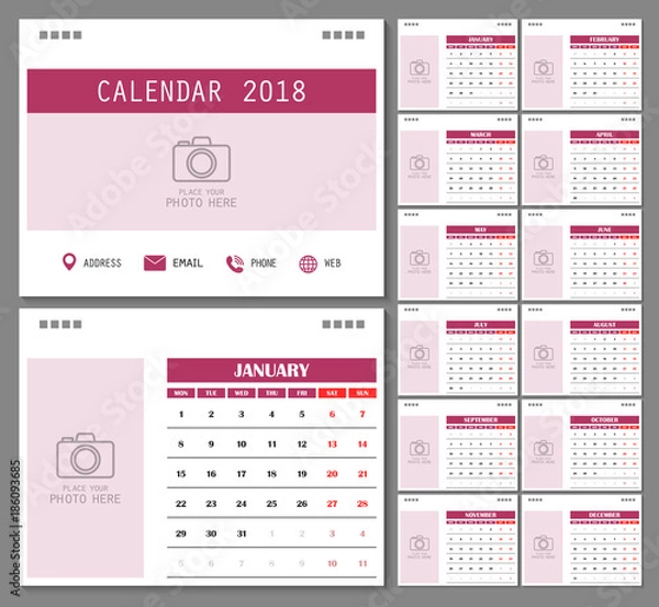 Fototapeta Calendar for 2018 Year. Design template with place for photo and week starts on monday