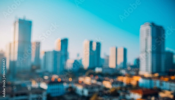 Fototapeta ビジネスシーン：強いソフトフォーカスのイメージ画像　大都会の高層ビル群のぼやけた写真　広告・ホームページ用背景素材　明るい背景ボケ画像