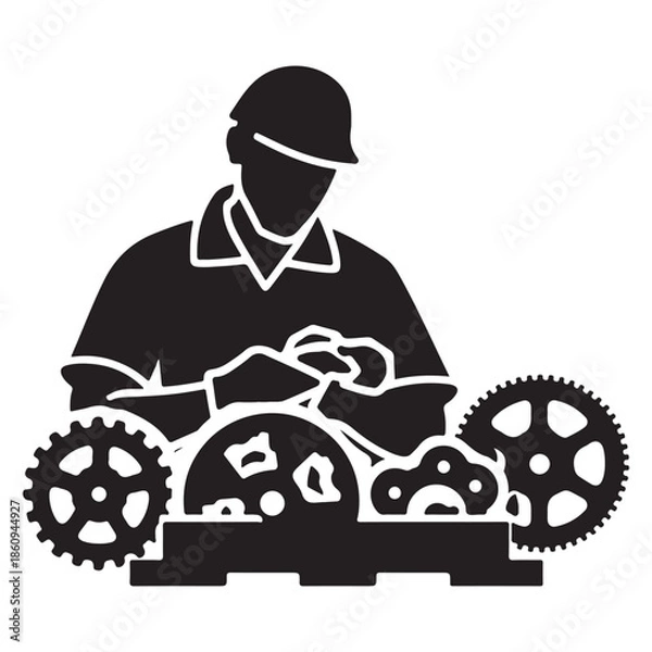 Obraz  Skilled worker assembling complex mechanical components and gears in a workshop environment