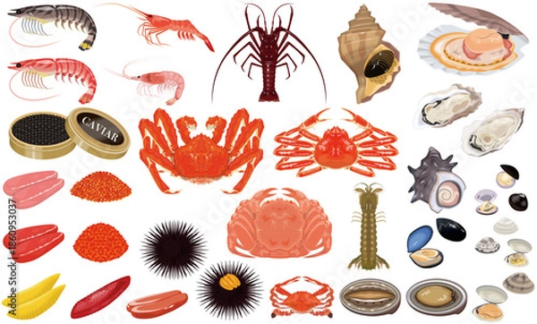 Obraz 魚介類のイラスト・アイコン③（蟹、海老、ホタテ、牡蠣、うに、いくら）