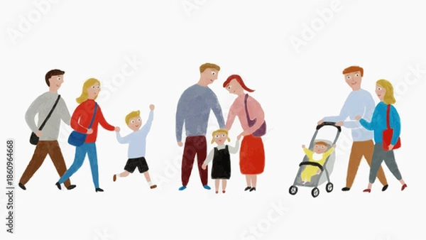 Obraz 手描きイラスト　幼い子供のいる家族