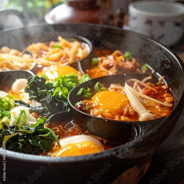 Obraz Steaming hot pot with various components, vibrant and inviting