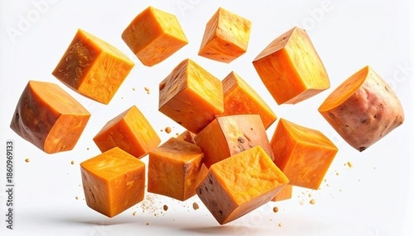 Obraz Cubed orange vegetables seemingly levitating against a white backdrop