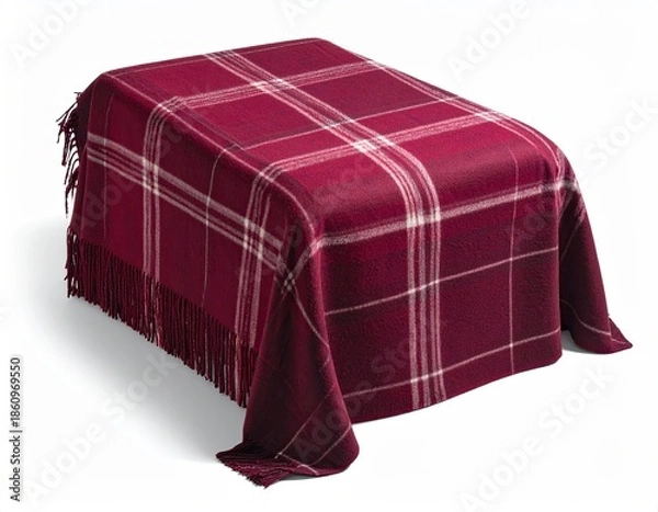 Obraz Maroon plaid blanket with fringe draped over a rectangular ottoman