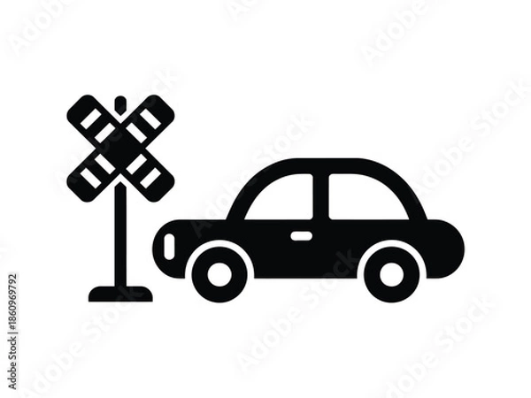 Obraz Black silhouette of car and railroad crossing sign isolated on transparent background for safety