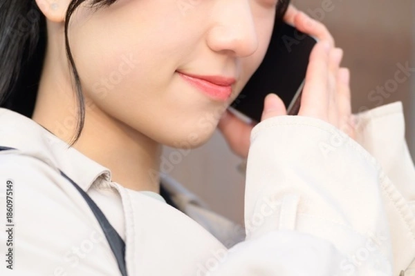 Obraz オフィス街でスマホを使用する日本人ビジネスウーマン