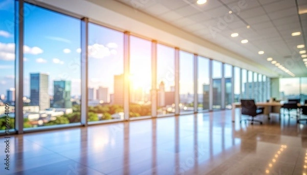 Fototapeta ソフトフォーカスのぼやけたイメージ画像　モダンなオフィスの窓から見たオフィスビル群の風景　太陽の光が射し込むオフィス　高層ビルのシルエット