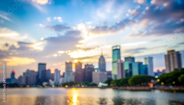 Fototapeta ソフトフォーカスの背景画像　水面に映る海沿いのオフィスビル街のイメージ画像　夕暮れ、イルミネーションのイメージ