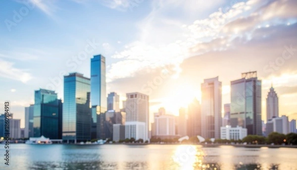 Fototapeta ソフトフォーカスの背景画像　水面に映る海沿いのオフィスビル街のイメージ画像　夕暮れ、イルミネーションのイメージ