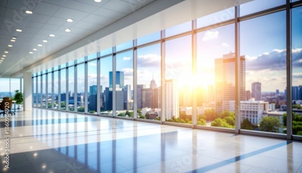 Fototapeta ソフトフォーカスのぼやけたイメージ画像　モダンなオフィスの窓から見たオフィスビル群の風景　太陽の光が射し込むオフィス　高層ビルのシルエット