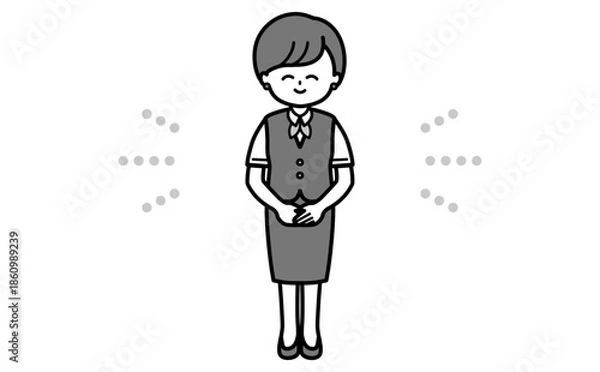 Fototapeta 笑顔で案内するシンプルなショートヘアーの女性社員 全身イラスト 受付・接客・説明・資料用の白黒素材