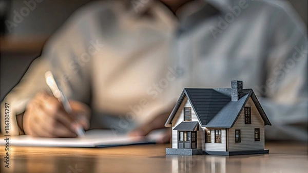 Fototapeta Contract signing with house model concept. Model house with person writing, symbolizing real estate planning.