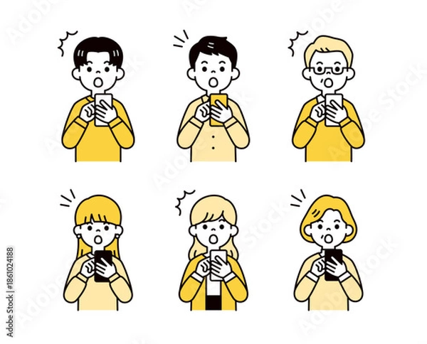 Obraz 驚いた表情でスマートフォンを見る、様々な年齢の男性と女性のベクターイラスト素材セット