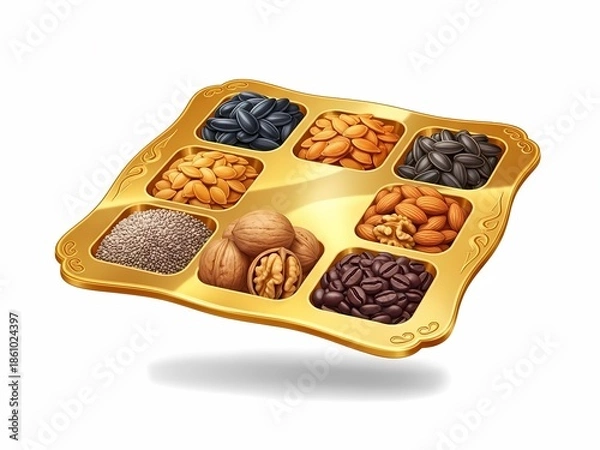 Obraz 盛り合わせナッツ、黄金の皿、食品イメージ