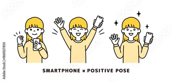 Obraz スマートフォンを手に、ポジティブな表情・ポーズをする若い女性のベクターイラスト素材セット